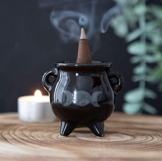 Triple moon cauldron incense holder