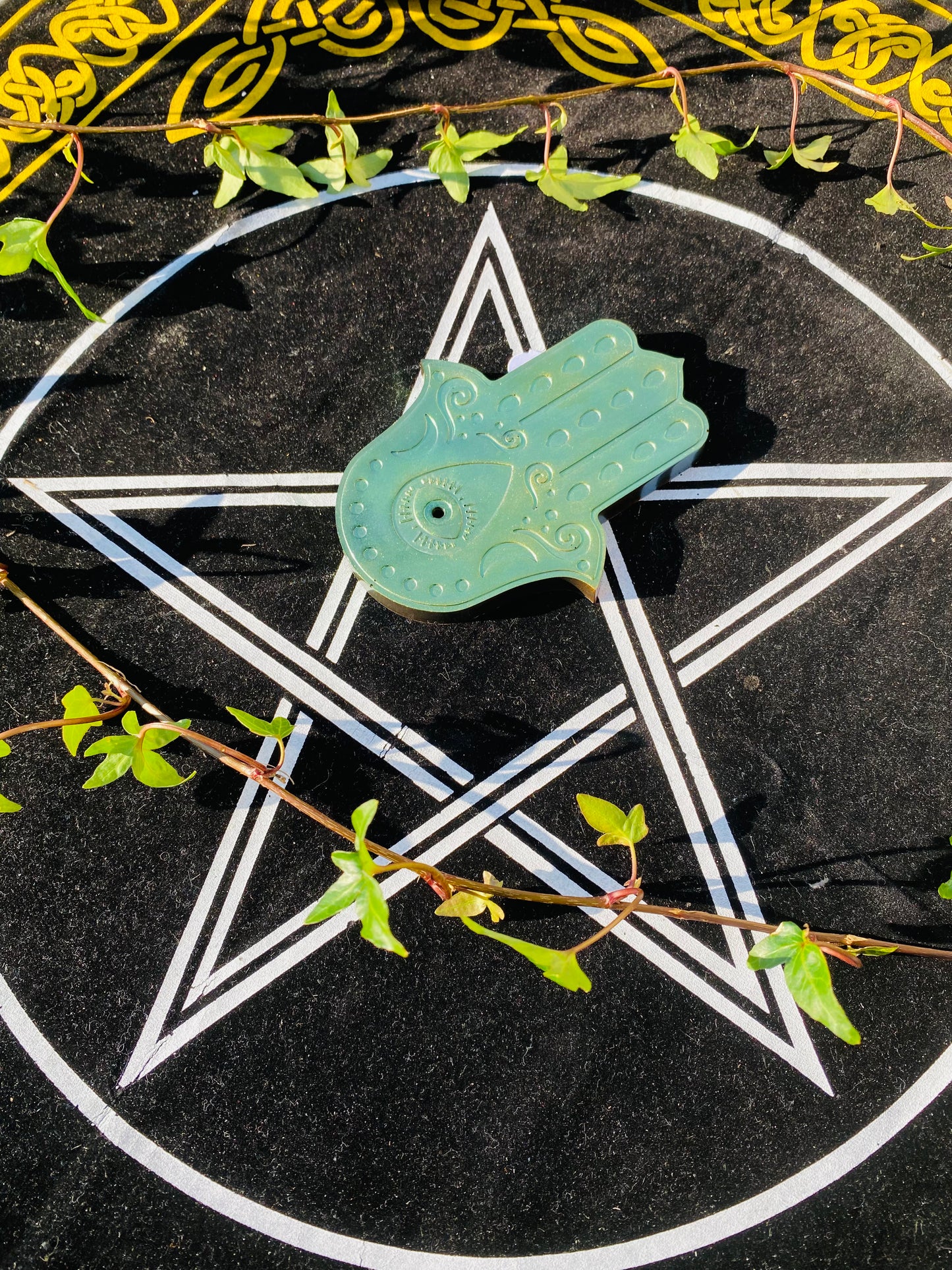 Green hamsa incense stick holder