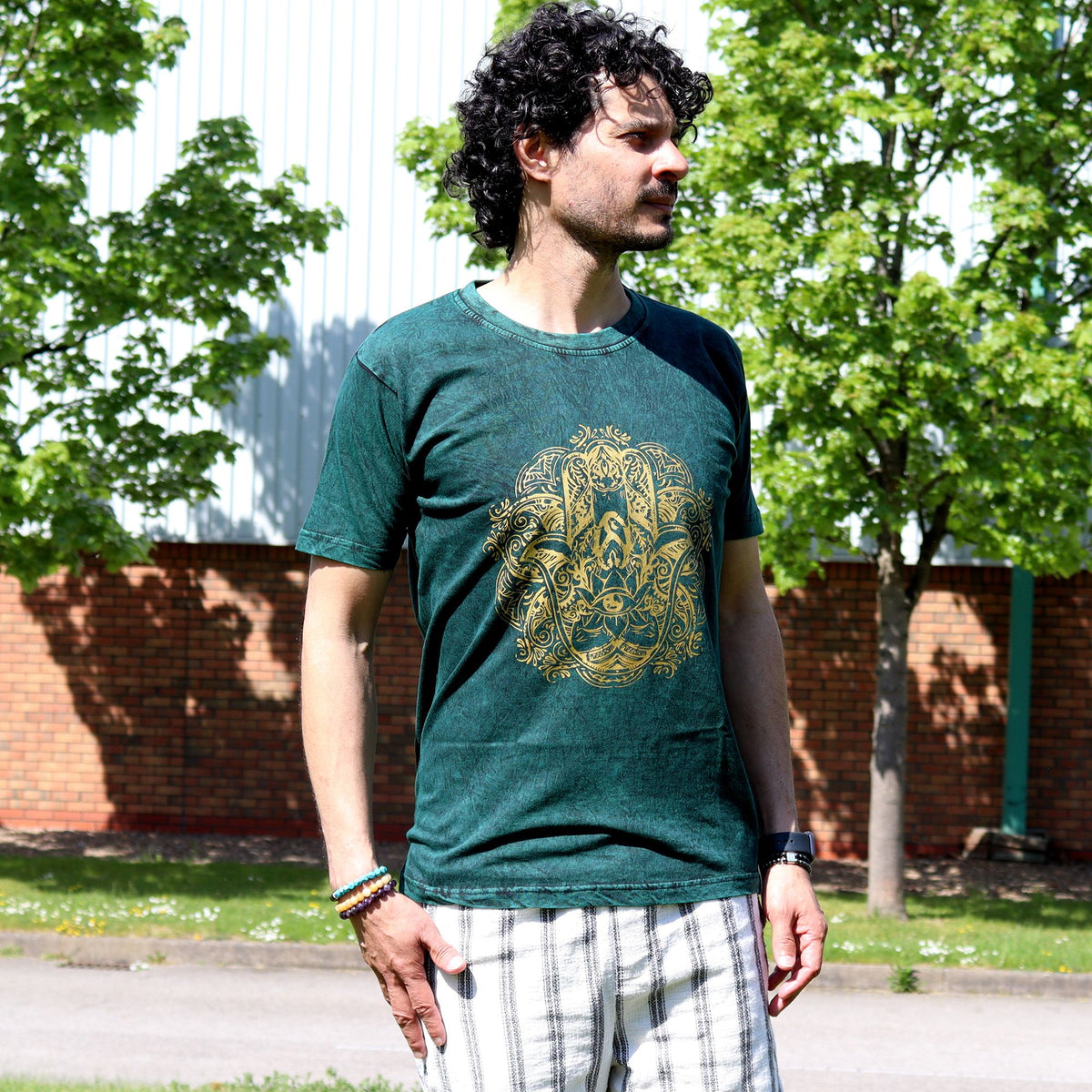 Nomad Sari Stonewashed Cotton T-Shirt – Hamsa – Green – Medium