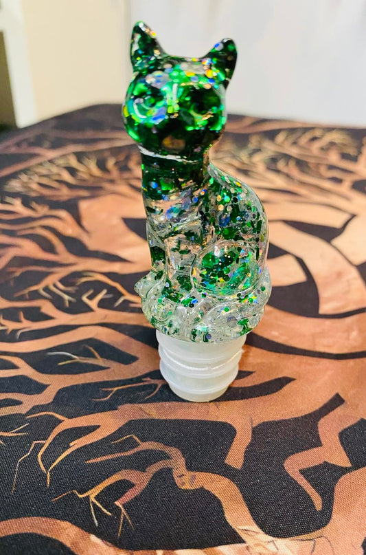 Green glittery cat bottle stop