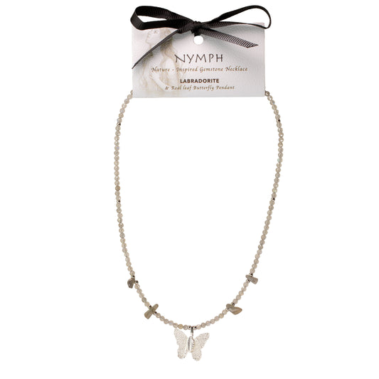 Nymph Labradorite Gemstone Necklace with Real Leaf Butterfly Pendant