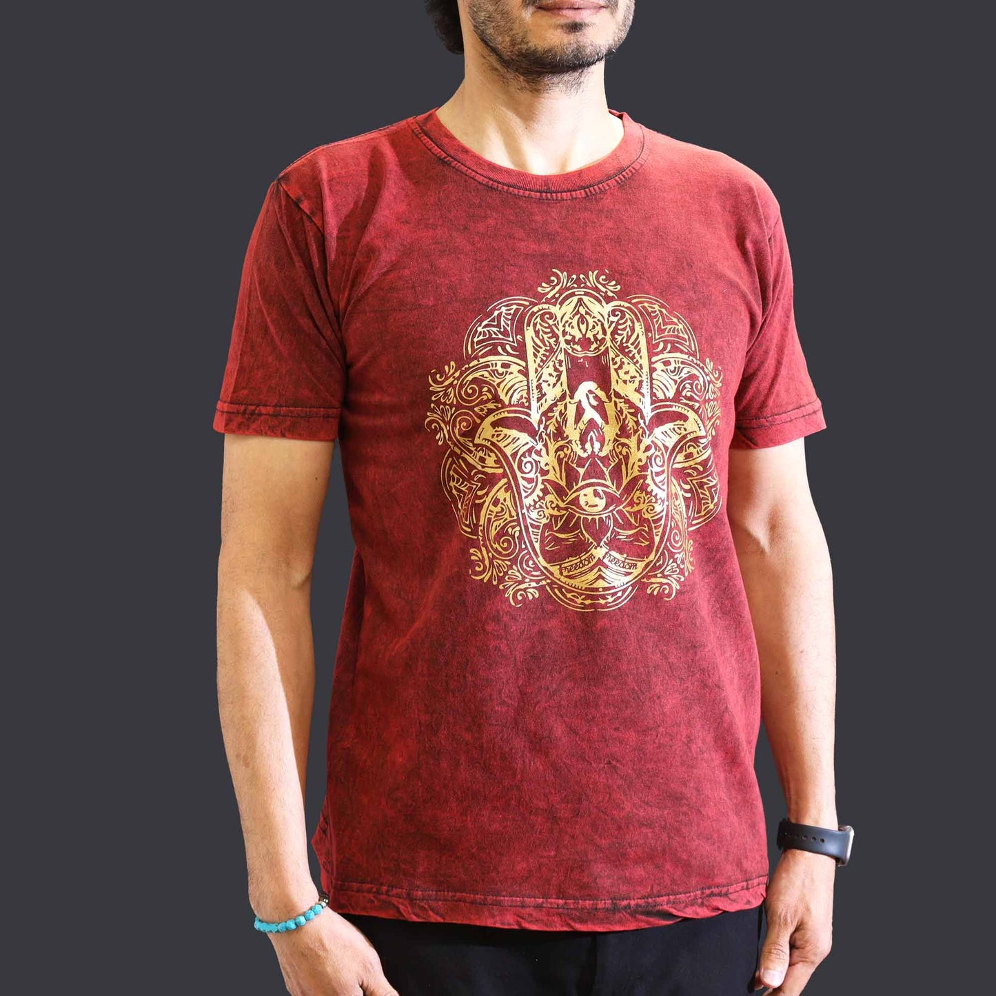Nomad Sari Stonewashed Cotton T-Shirt – Hamsa – Maroon – Medium