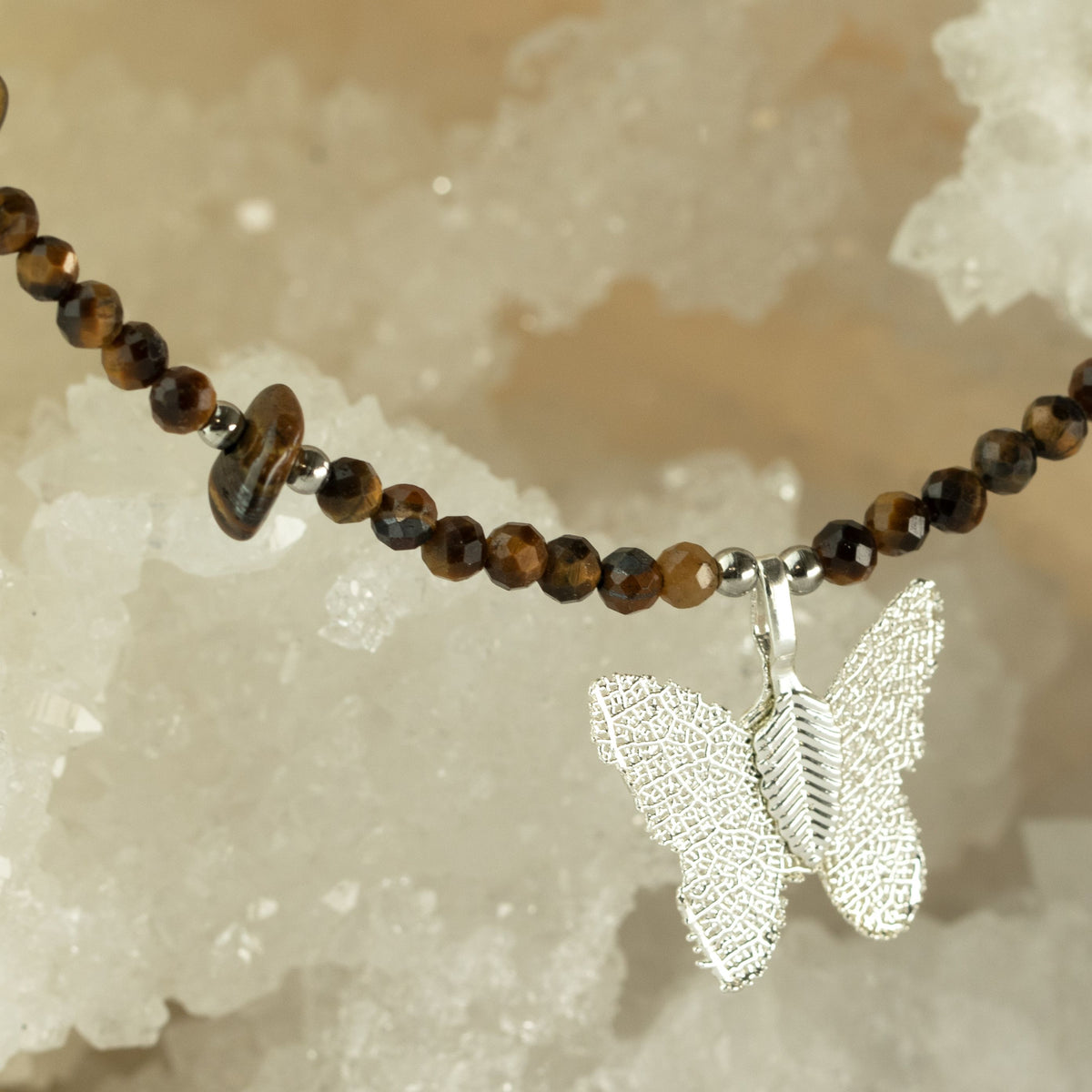 Nymph Tiger's Eye Gemstone Necklace with Real Leaf Butterfly Pendant