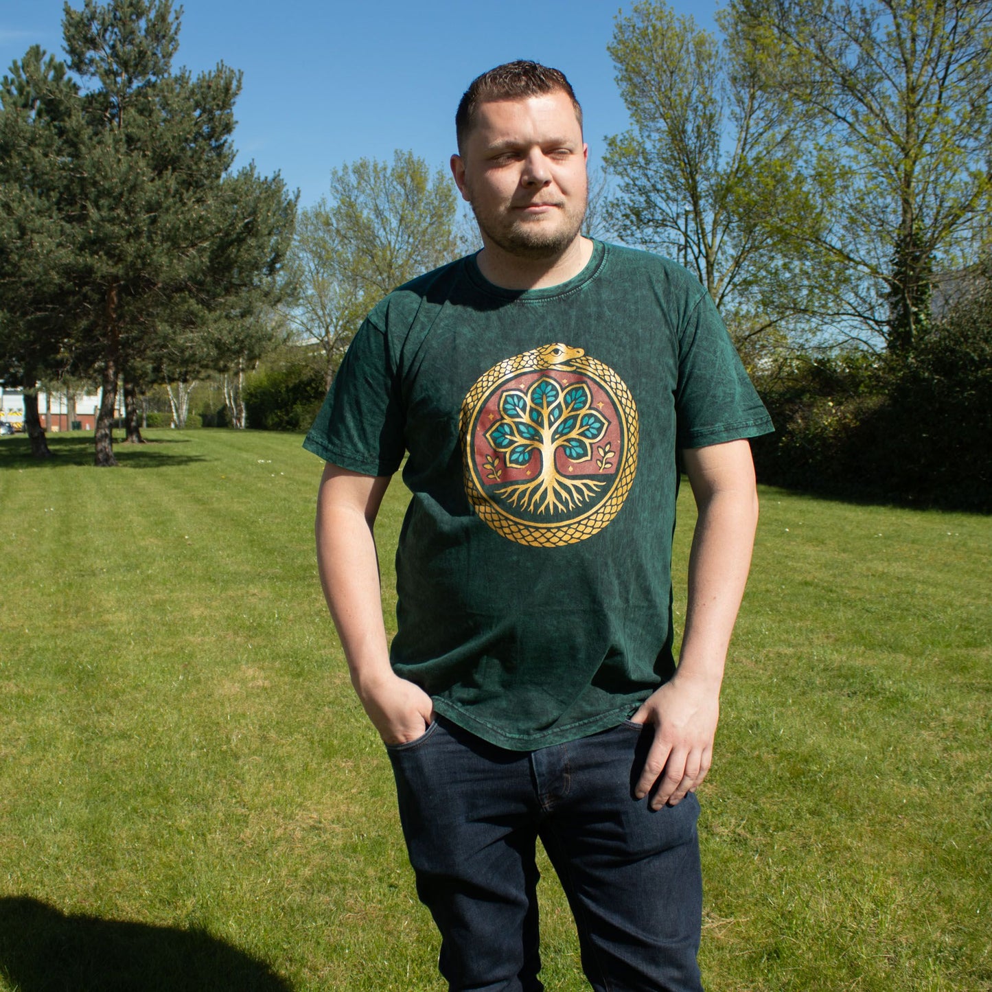 Nomad Sari Stonewashed Cotton T-Shirt - Tree of Life - Green - XL