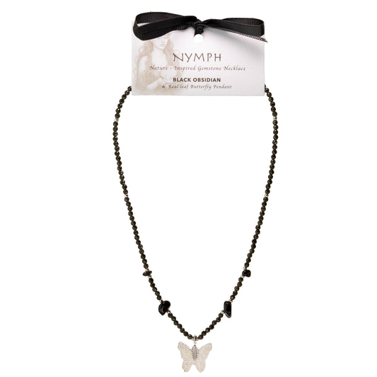 Nymph Black Obsidian Gemstone Necklace with Real Leaf Butterfly Pendant