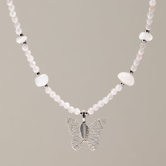 Nymph Rose Quartz Gemstone Necklace with Real Leaf Butterfly Pendant