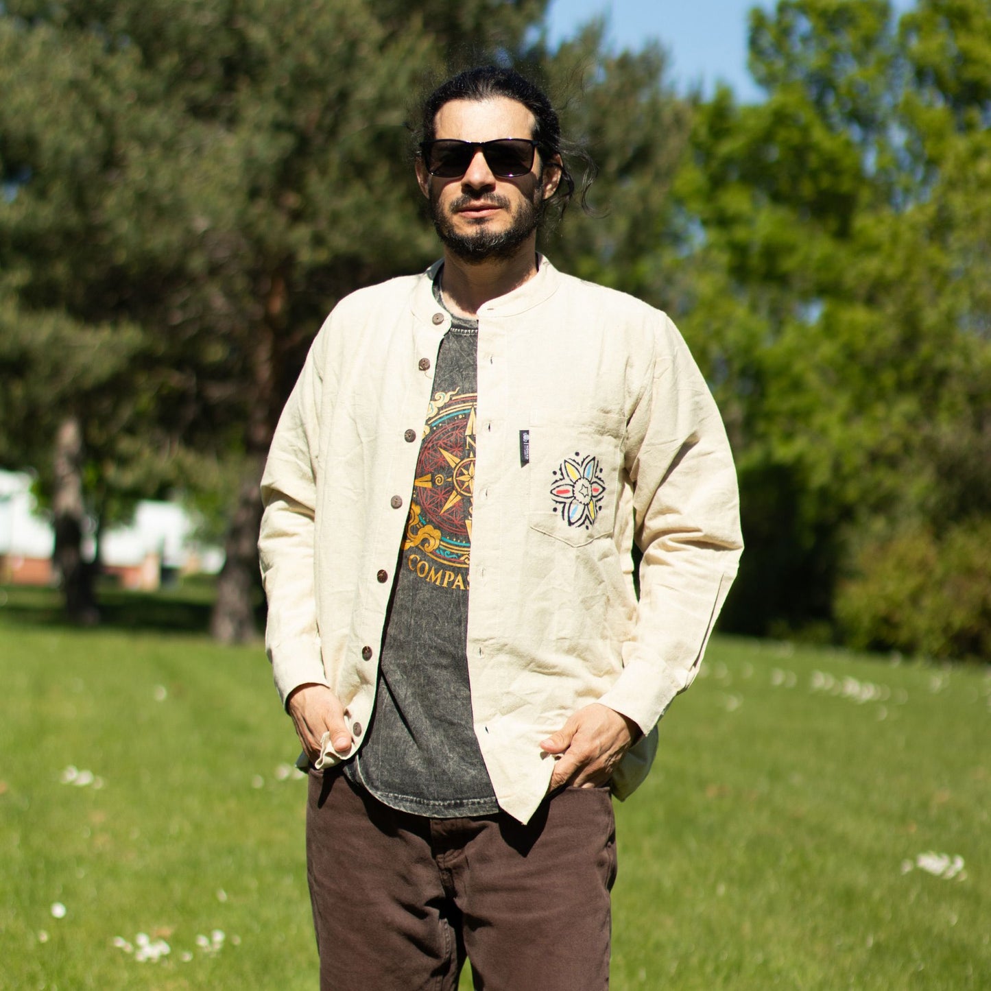 Nomad Sari Stonewashed Cotton T-Shirt - Compass of Life - Charcoal - Medium