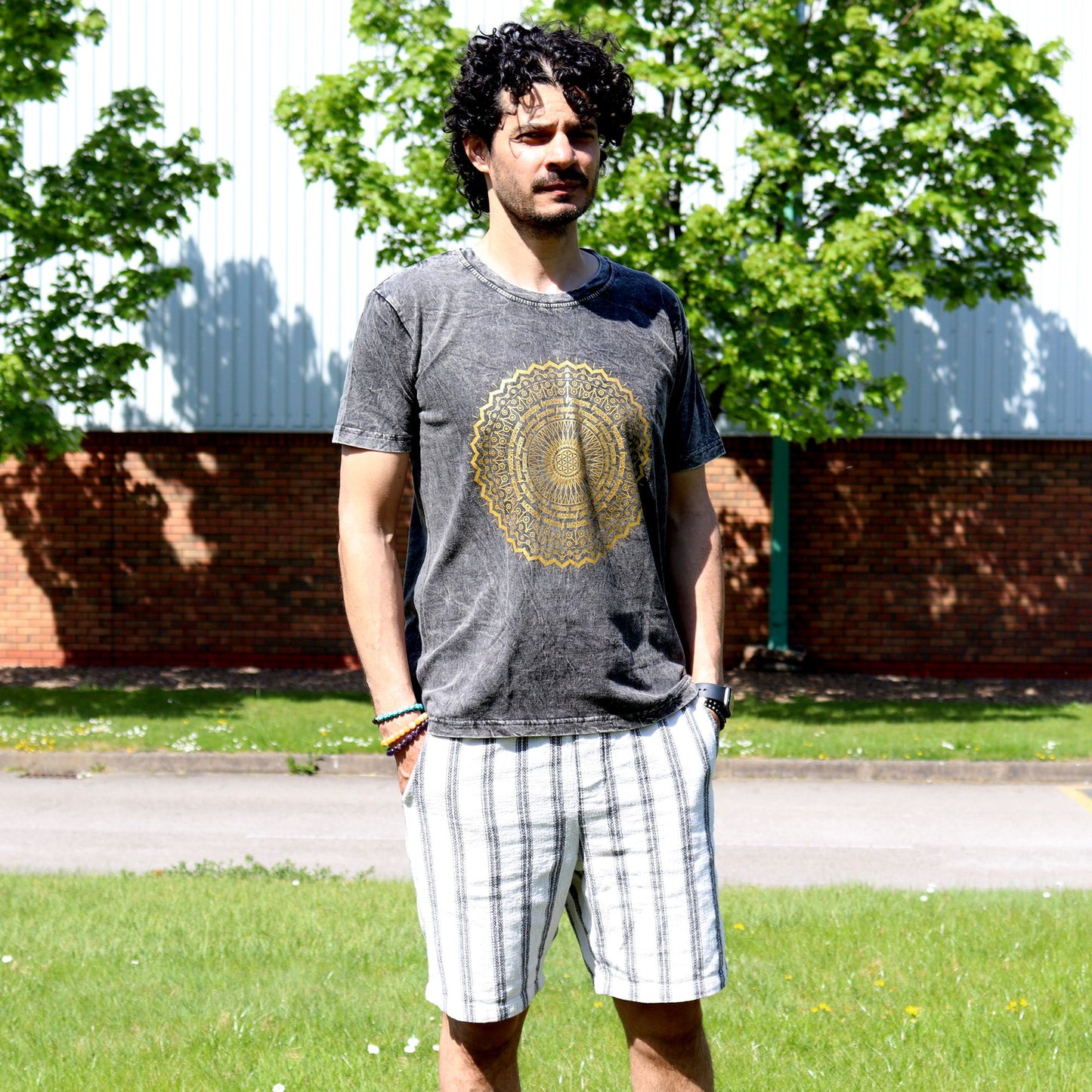 Nomad Sari Stonewashed Cotton T-Shirt - Mandala - Dark Grey - Medium