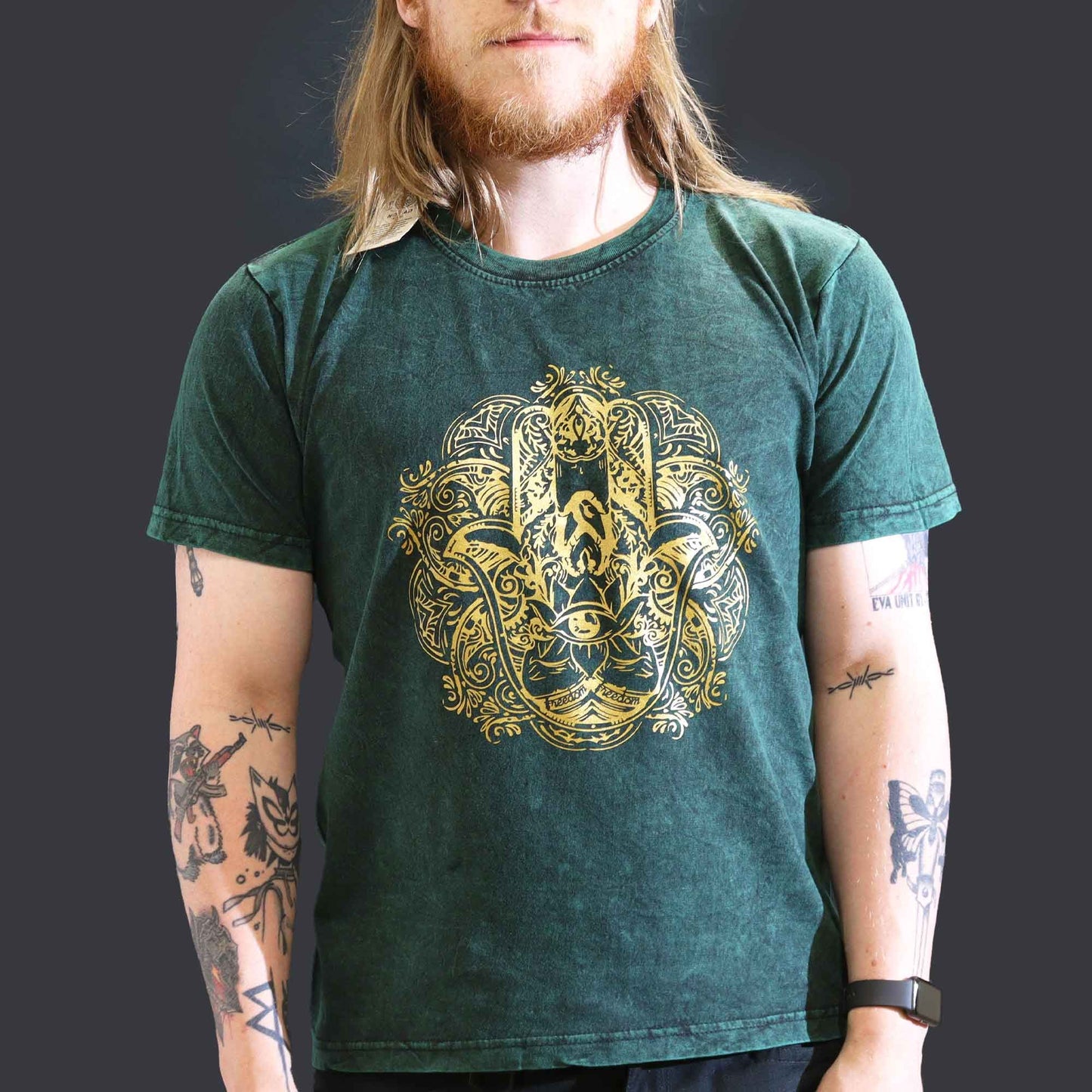 Nomad Sari Stonewashed Cotton T-Shirt – Hamsa – Green – Large