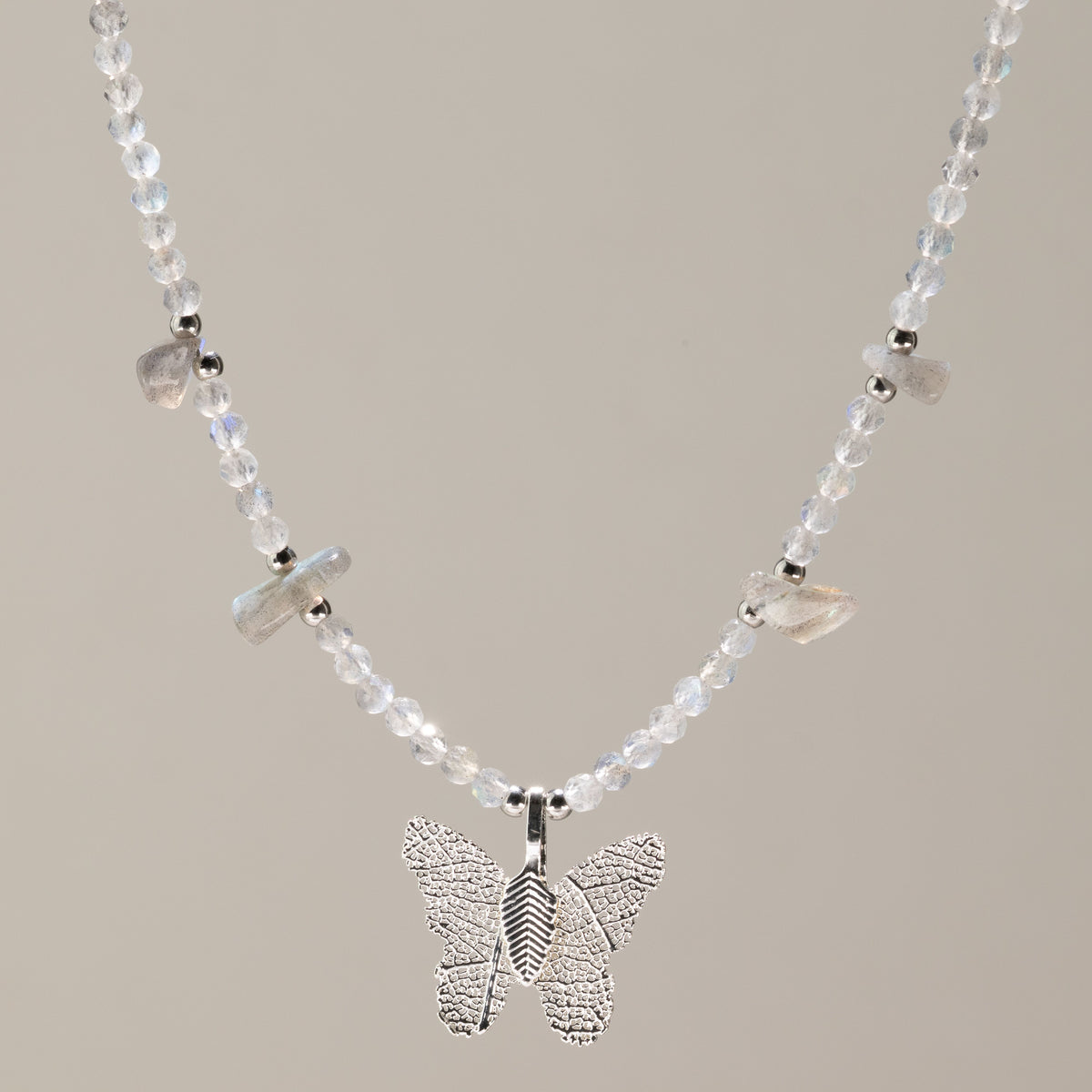 Nymph Labradorite Gemstone Necklace with Real Leaf Butterfly Pendant