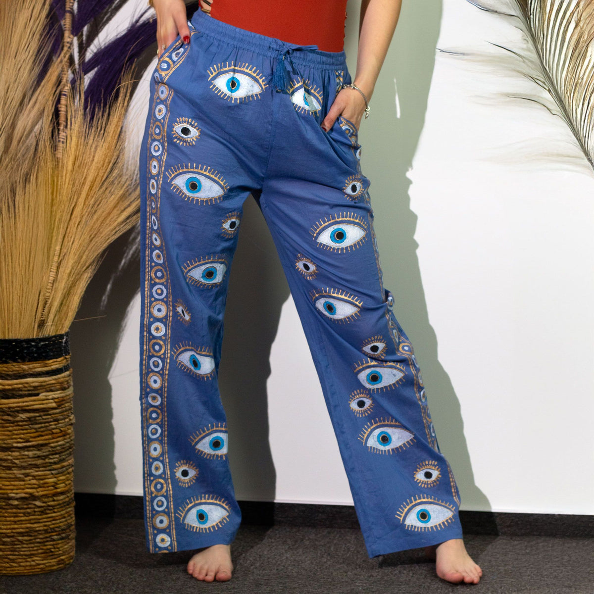 Nomad Sari Lounge Pants (M/L) – Rich Blue with Hand-Painted Gold Evil Eye Design