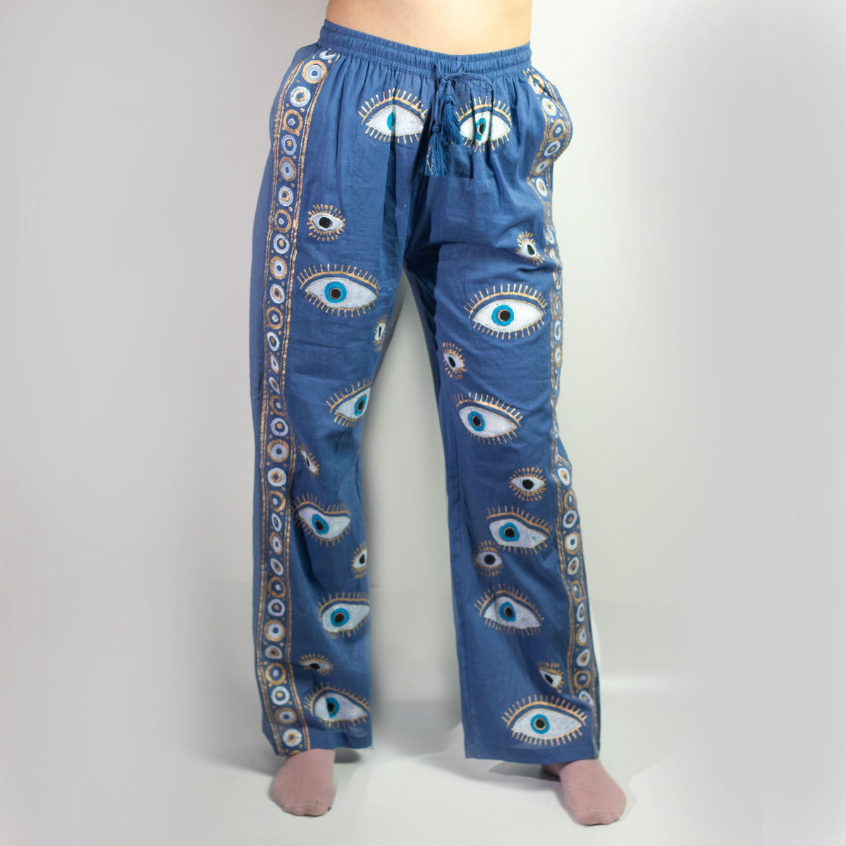 Nomad Sari Lounge Pants (M/L) – Rich Blue with Hand-Painted Gold Evil Eye Design