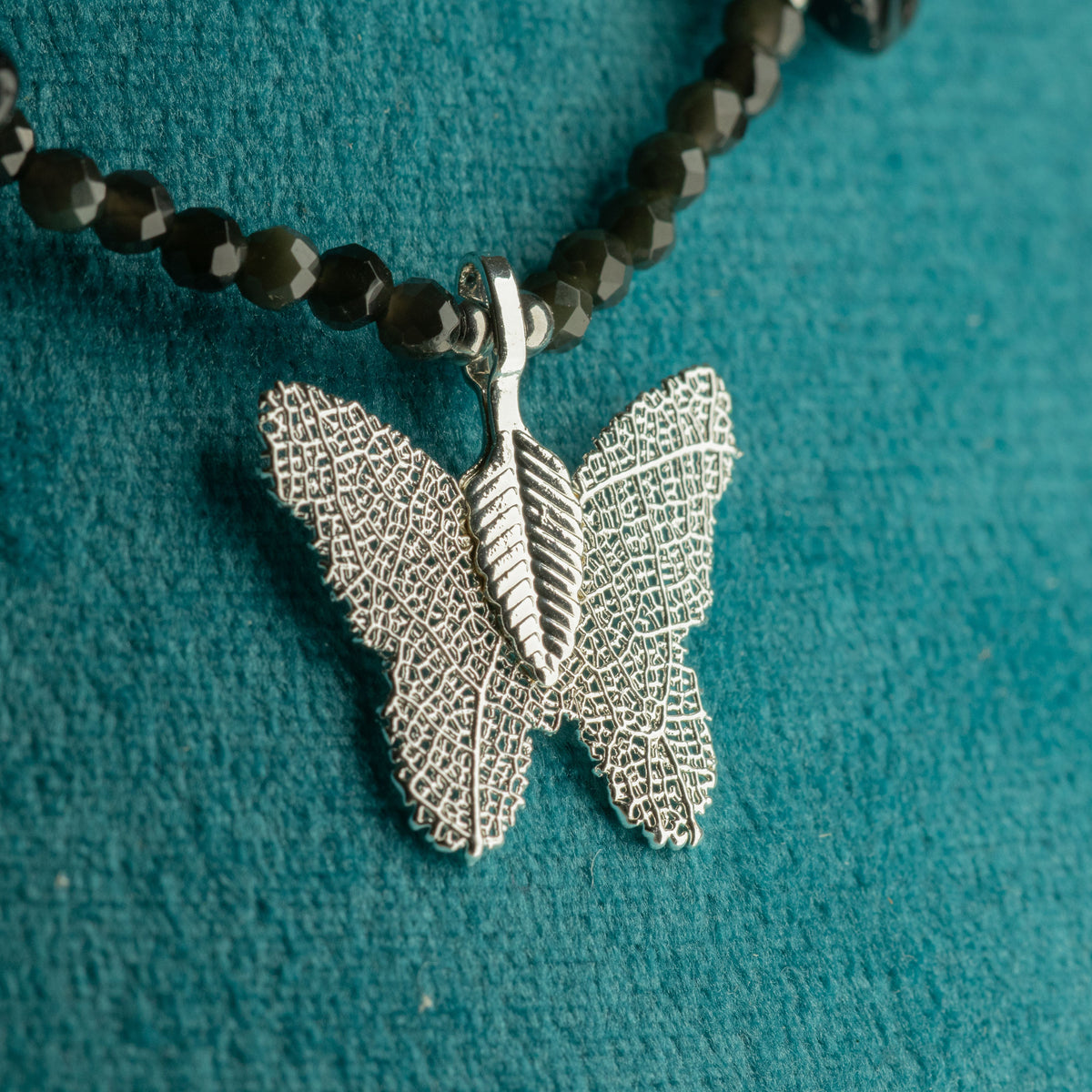 Nymph Black Obsidian Gemstone Necklace with Real Leaf Butterfly Pendant