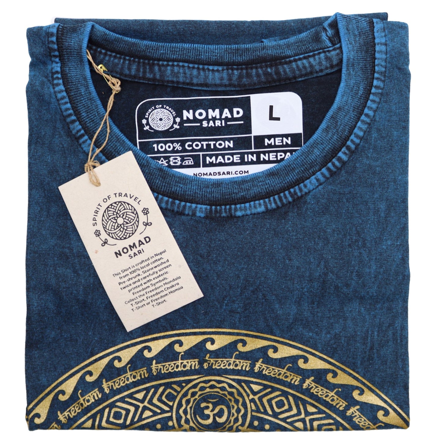 Nomad Sari Stonewashed Cotton T-Shirt – Hamsa – Blue – Large