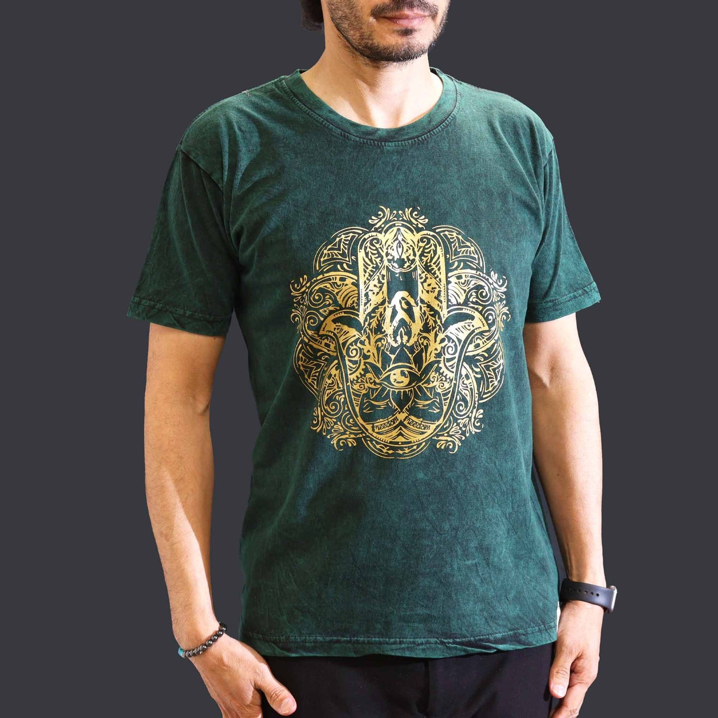 Nomad Sari Stonewashed Cotton T-Shirt – Hamsa – Green – Medium