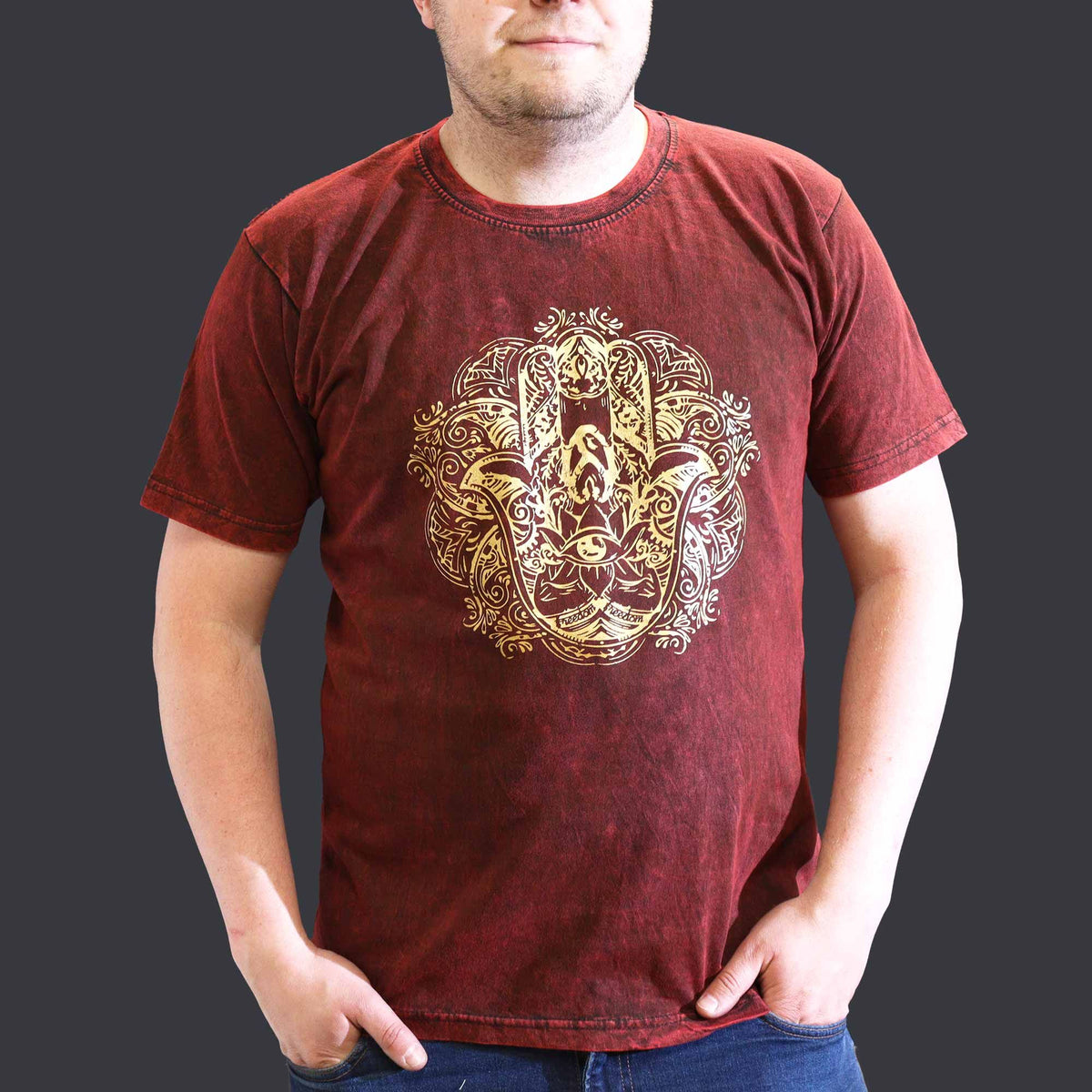 Nomad Sari Stonewashed Cotton T-Shirt – Hamsa – Maroon – XL