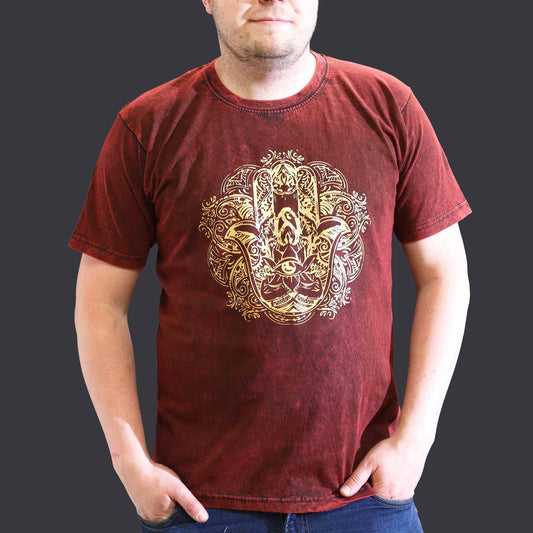Nomad Sari Stonewashed Cotton T-Shirt – Hamsa – Maroon – XL