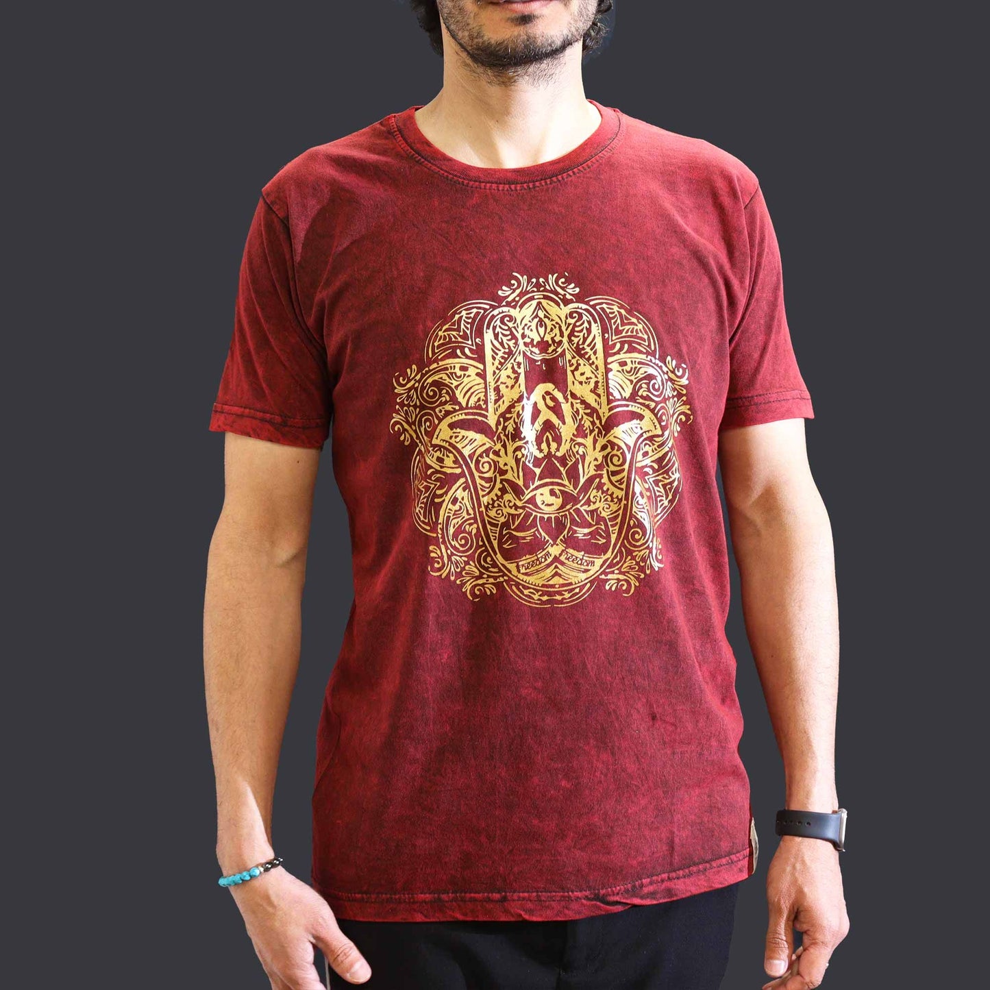 Nomad Sari Stonewashed Cotton T-Shirt – Hamsa – Maroon – Medium