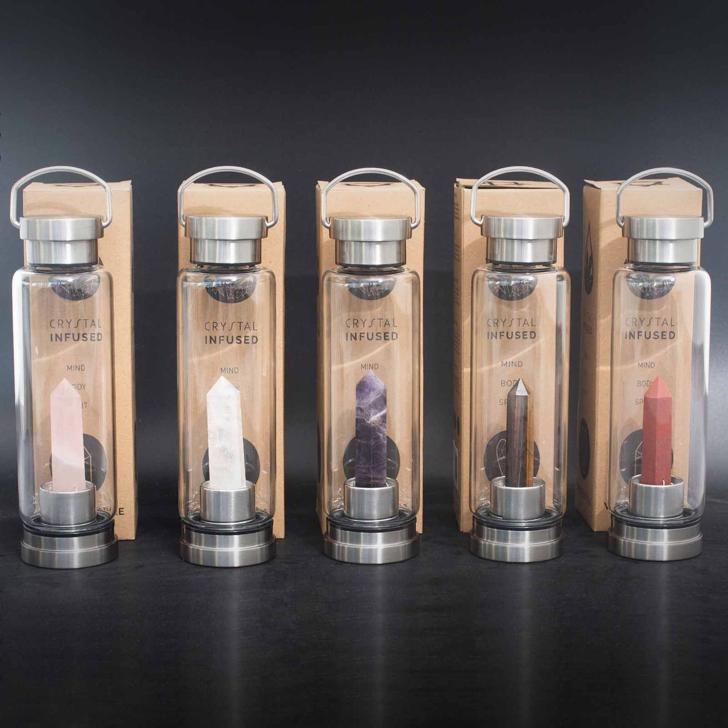 Crystal Infused Glass Water Bottle - Determined Tiger's Eye - Obelisk