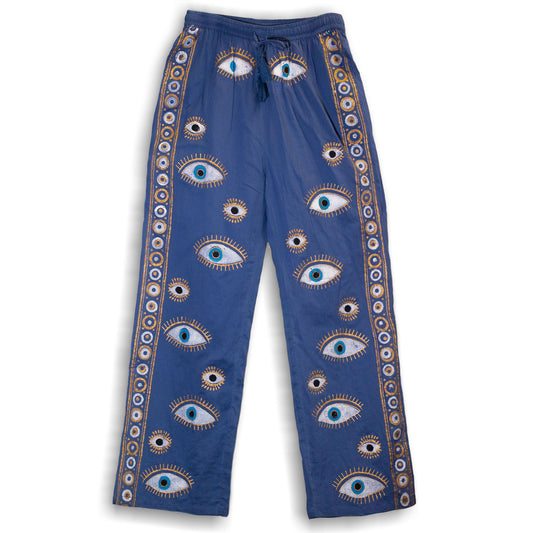 Nomad Sari Lounge Pants (L/XL) – Rich Blue with Hand-Painted Gold Evil Eye Design