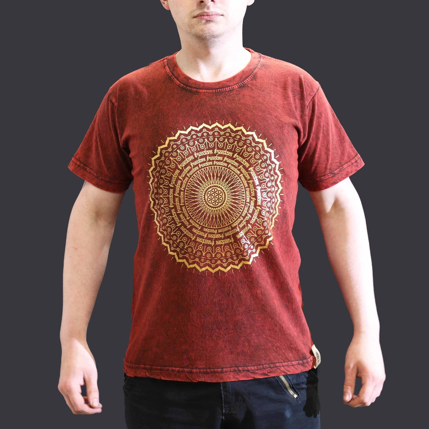 Nomad Sari Stonewashed Cotton T-Shirt – Mandala – Maroon – Small