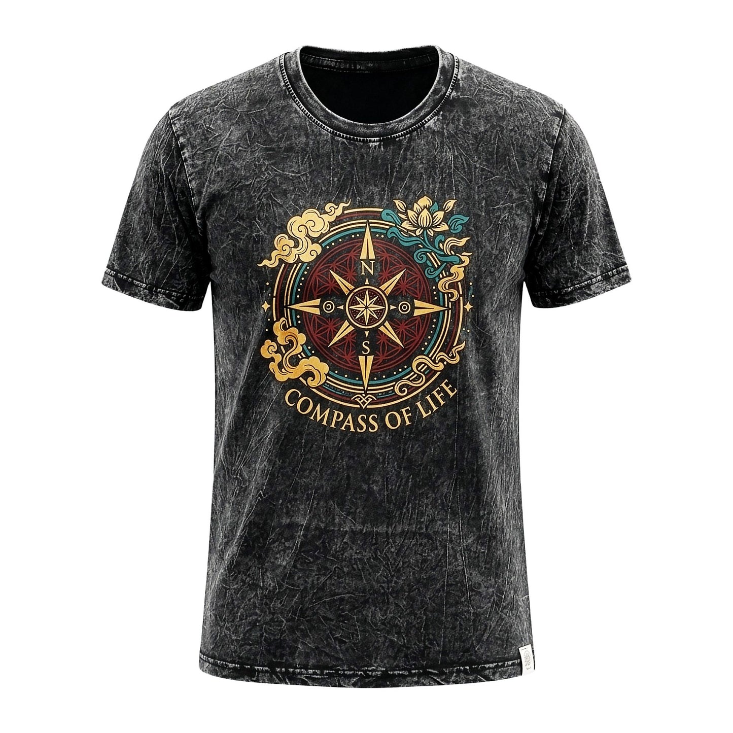 Nomad Sari Stonewashed Cotton T-Shirt - Compass of Life - Charcoal - Small