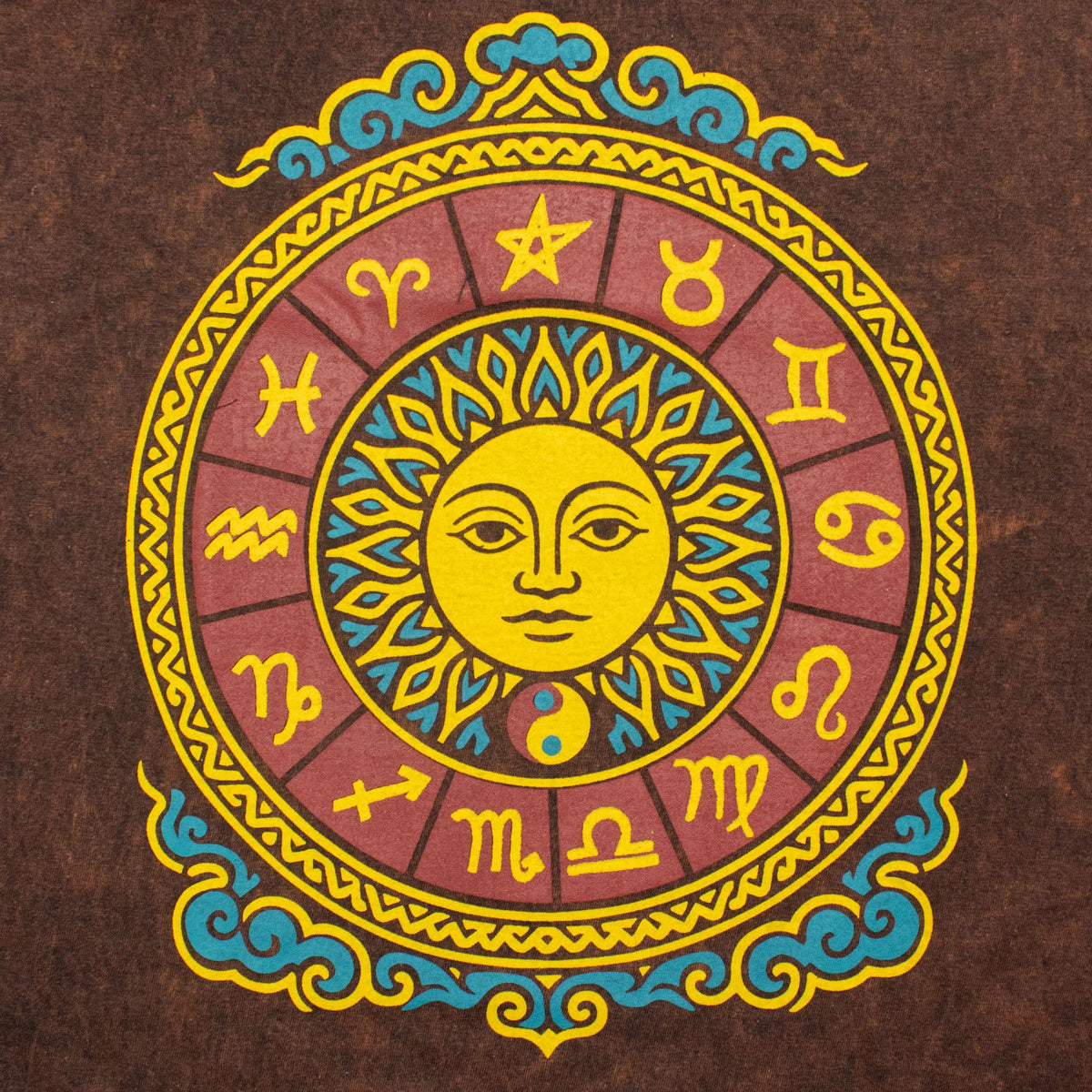 Nomad Sari Stonewashed Cotton T-Shirt - Sun & Zodiac - Brown - Large