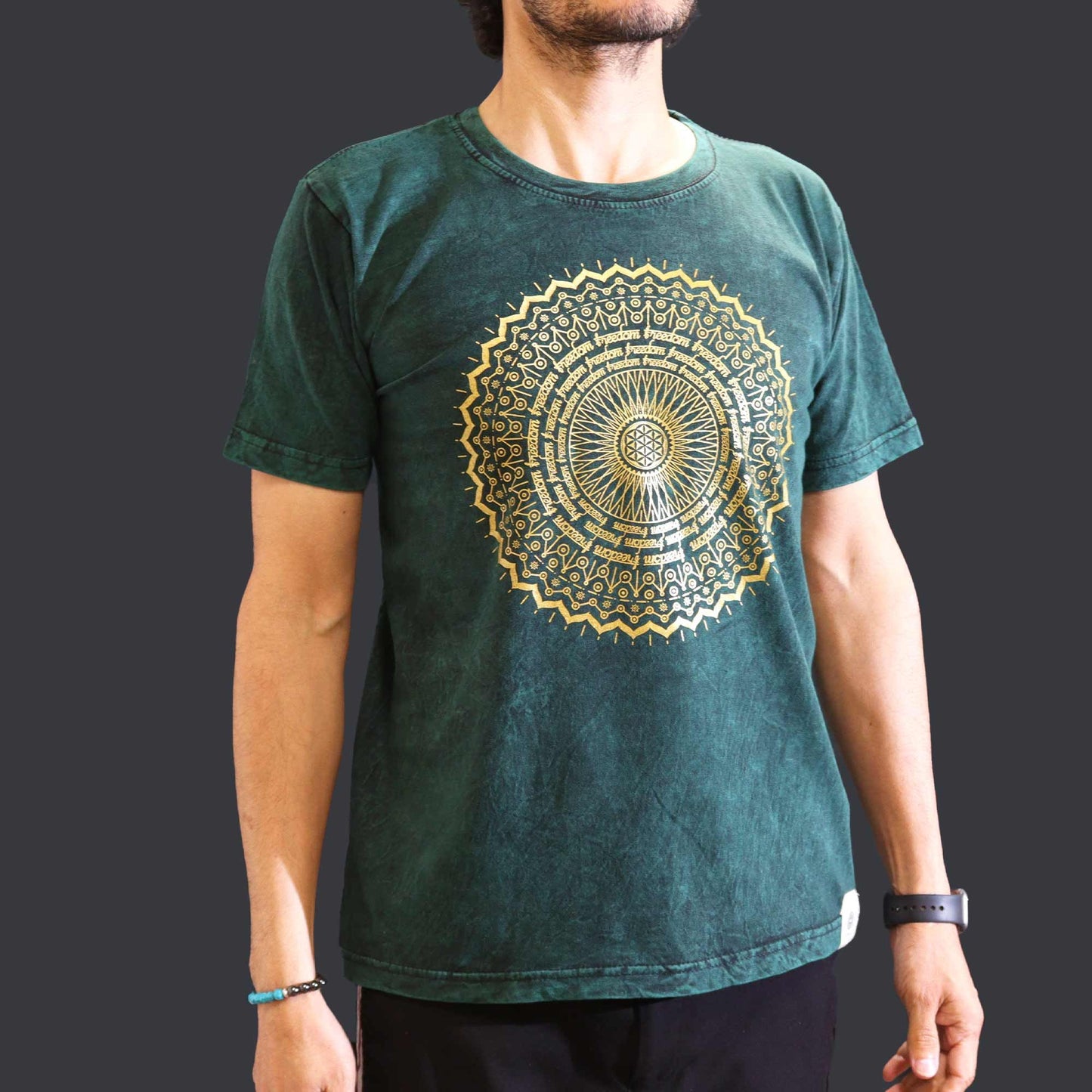 Nomad Sari Stonewashed Cotton T-Shirt - Mandala - Green - Medium