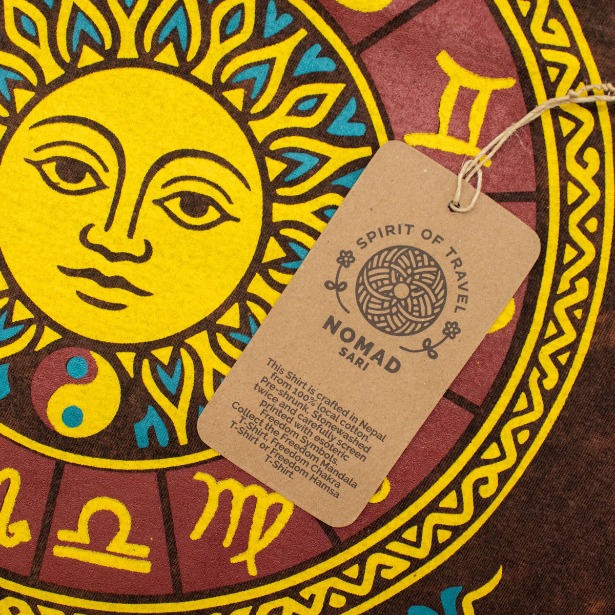 Nomad Sari Stonewashed Cotton T-Shirt - Sun & Zodiac - Brown - Large