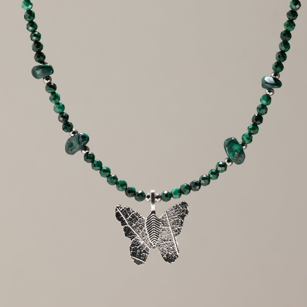 Nymph Malachite Gemstone Necklace with Real Leaf Butterfly Pendant
