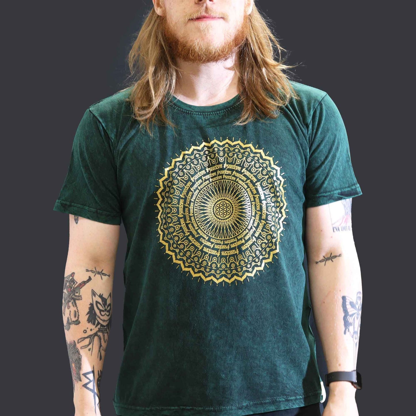 Nomad Sari Stonewashed Cotton T-Shirt – Mandala – Green – Large