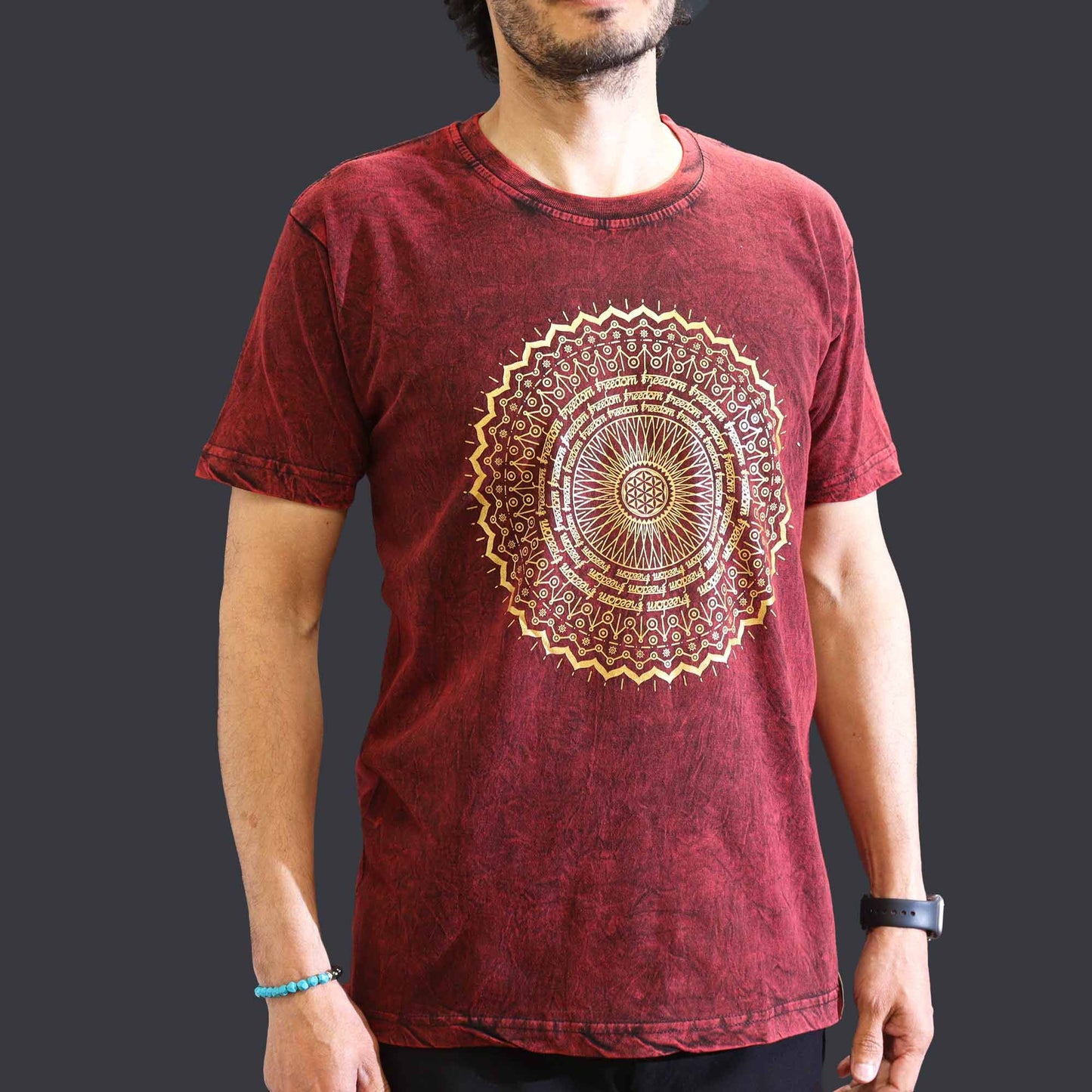 Nomad Sari Stonewashed Cotton T-Shirt - Mandala - Maroon - Medium