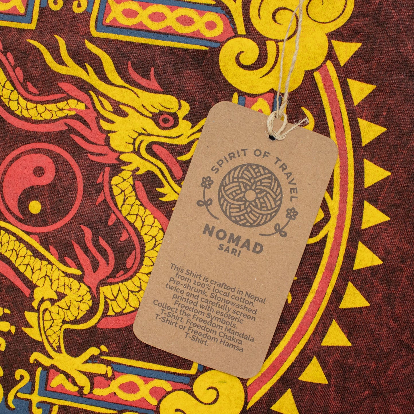 Nomad Sari Stonewashed Cotton T-Shirt - Dragon Mandala - Maroon - Medium