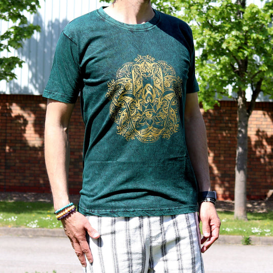 Nomad Sari Stonewashed Cotton T-Shirt – Hamsa – Green – Medium