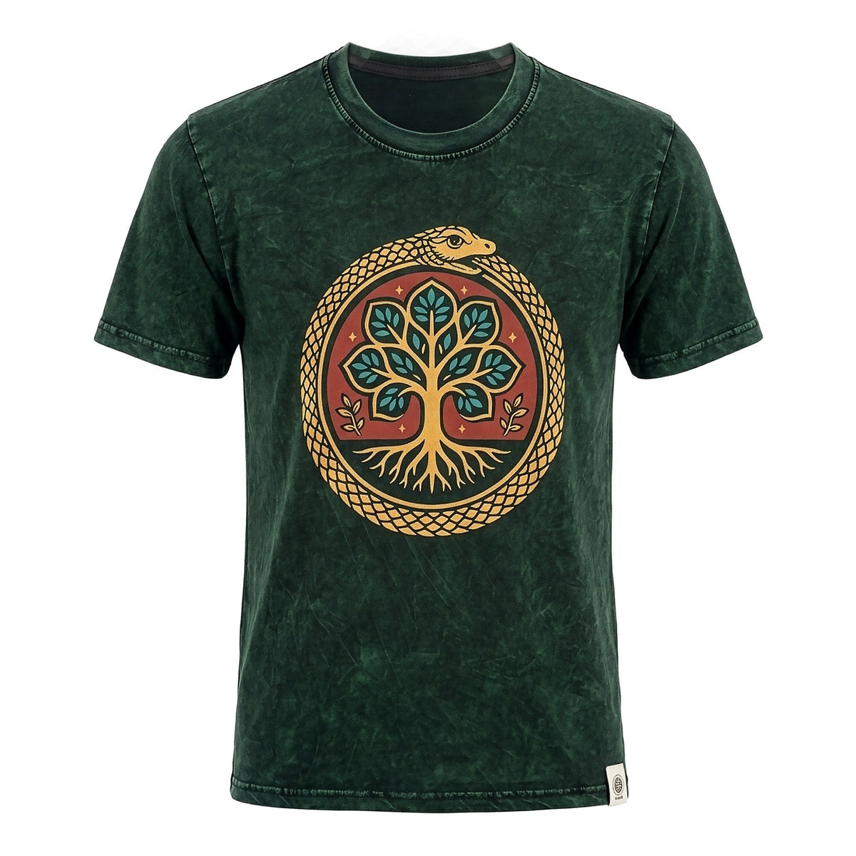 Nomad Sari Stonewashed Cotton T-Shirt - Tree of Life - Green - Medium